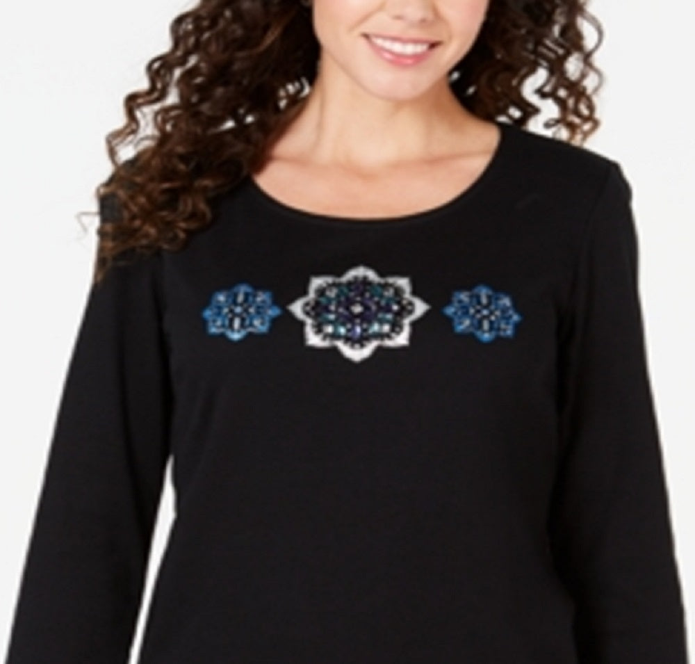 Karen Scott Top de algodão com strass feminino, preto, tamanho pequeno médio