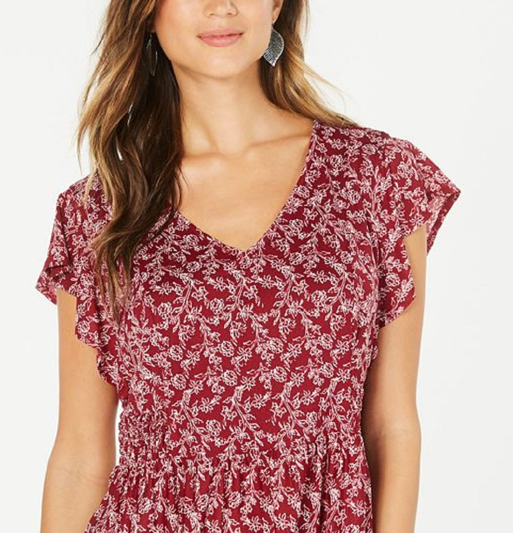 Top peplum estampado com mangas esvoaçantes feminino Style &amp; Co, vermelho, tamanho pequeno