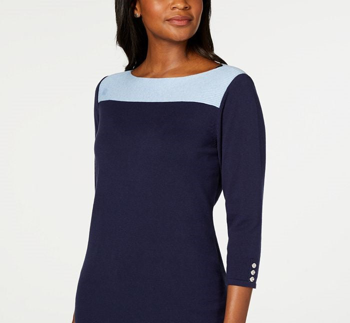 Karen Scott Suéter Feminino de Algodão Colorblock Azul Tamanho XX-G