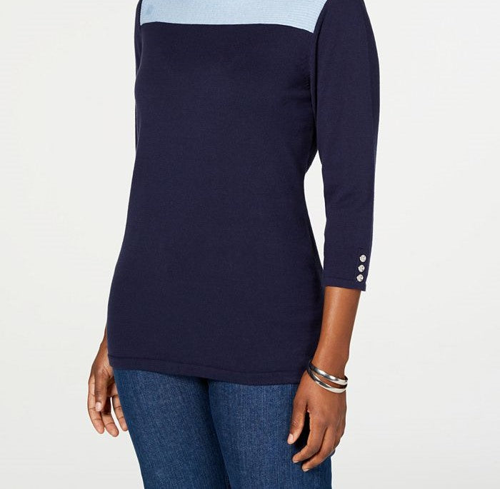 Karen Scott Suéter Feminino de Algodão Colorblock Azul Tamanho XX-G