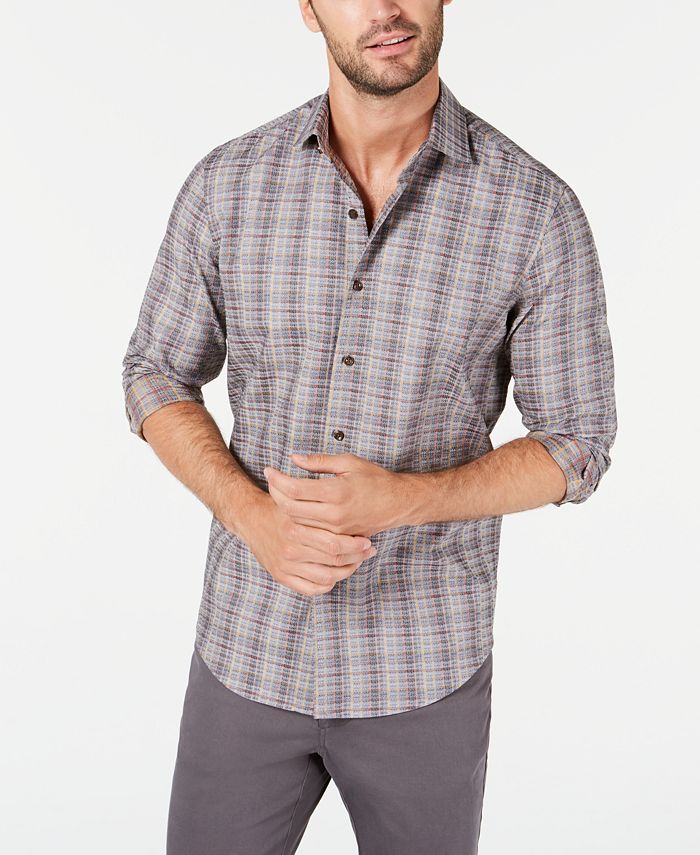 Camisa masculina de algodão xadrez Tasso Elba com botões, tamanho médio, cinza