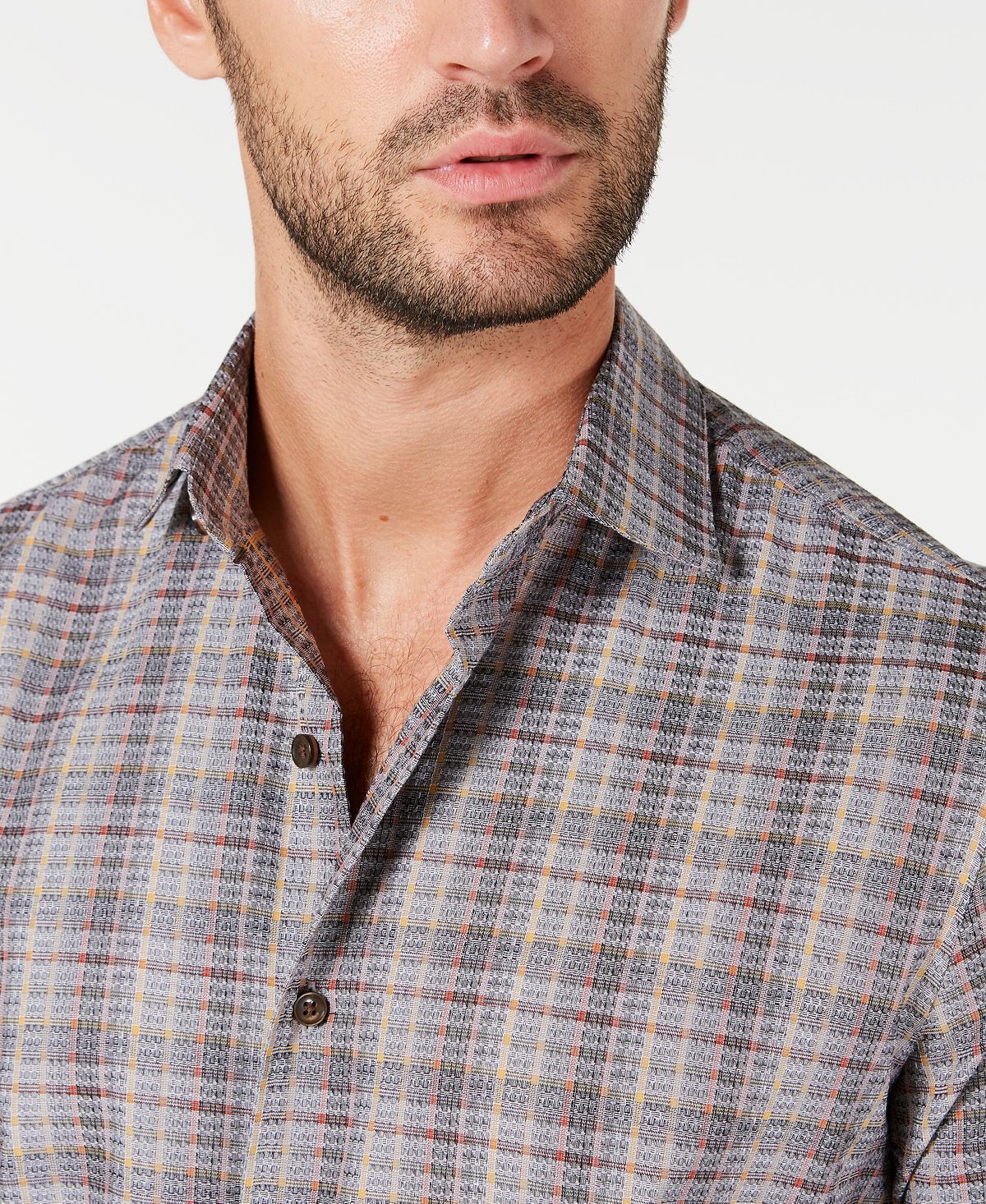 Camisa masculina de algodão xadrez Tasso Elba com botões, tamanho médio, cinza
