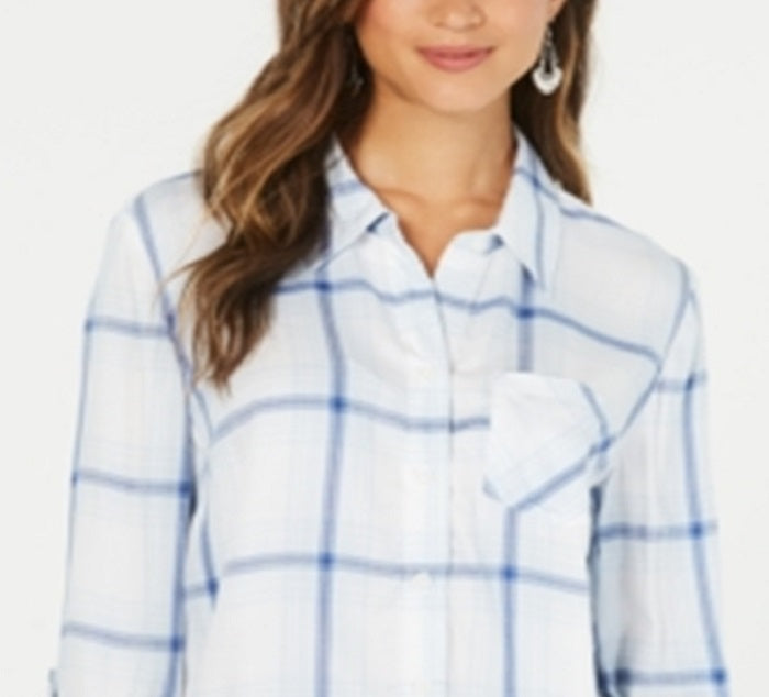 Camisa xadrez feminina de algodão com mangas curtas e abas Style &amp; Co, azul, tamanho pequeno M