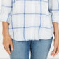 Camisa xadrez feminina de algodão com mangas curtas e abas Style &amp; Co, azul, tamanho pequeno M