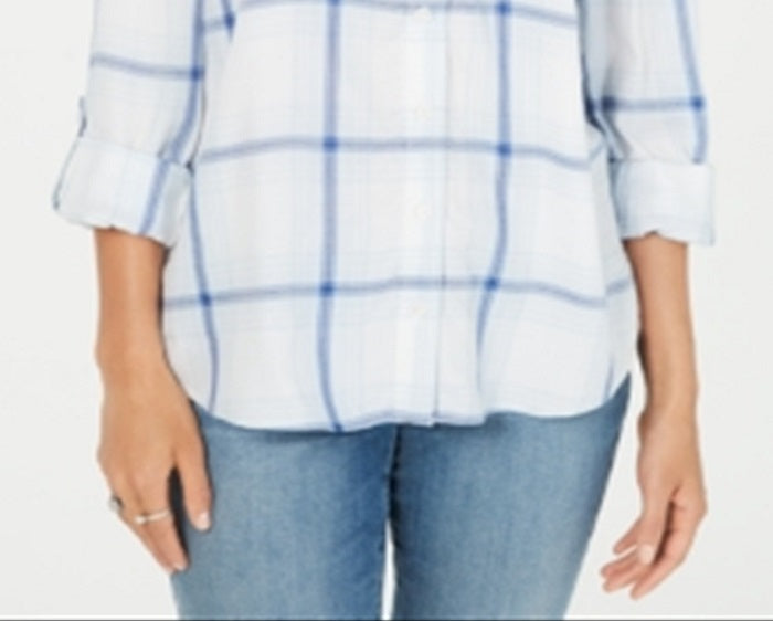 Camisa xadrez feminina de algodão com mangas curtas e abas Style &amp; Co, azul, tamanho pequeno M