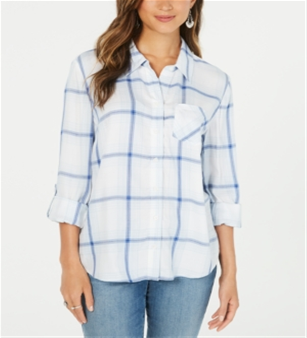 Camisa xadrez feminina de algodão com mangas curtas e abas Style &amp; Co, azul, tamanho pequeno M