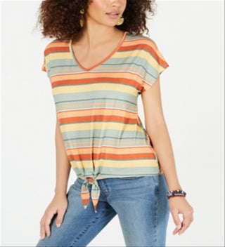 Camiseta feminina listrada com amarração frontal, estilo coral, tamanho GG