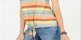 Camiseta feminina listrada com amarração frontal, estilo coral, tamanho GG