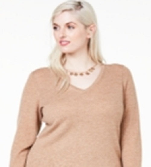 Suéter de cashmere feminino Charter Club Plus com decote em V, marrom, tamanho 1X