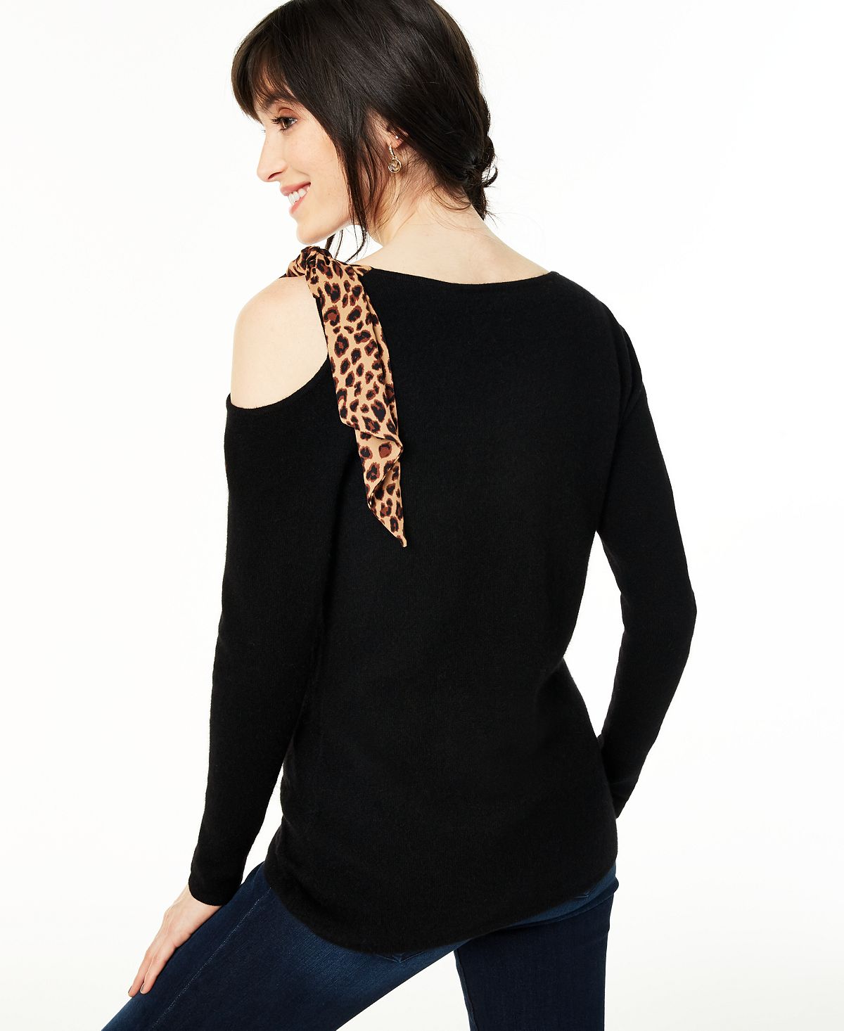 Suéter feminino de cashmere com ombros descobertos e contraste, preto, tamanho pequeno G