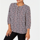JM Collection Top feminino estampado com pregas nas costas, azul, tamanho pequeno