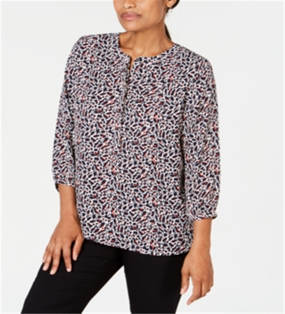 JM Collection Top feminino estampado com pregas nas costas, azul, tamanho pequeno