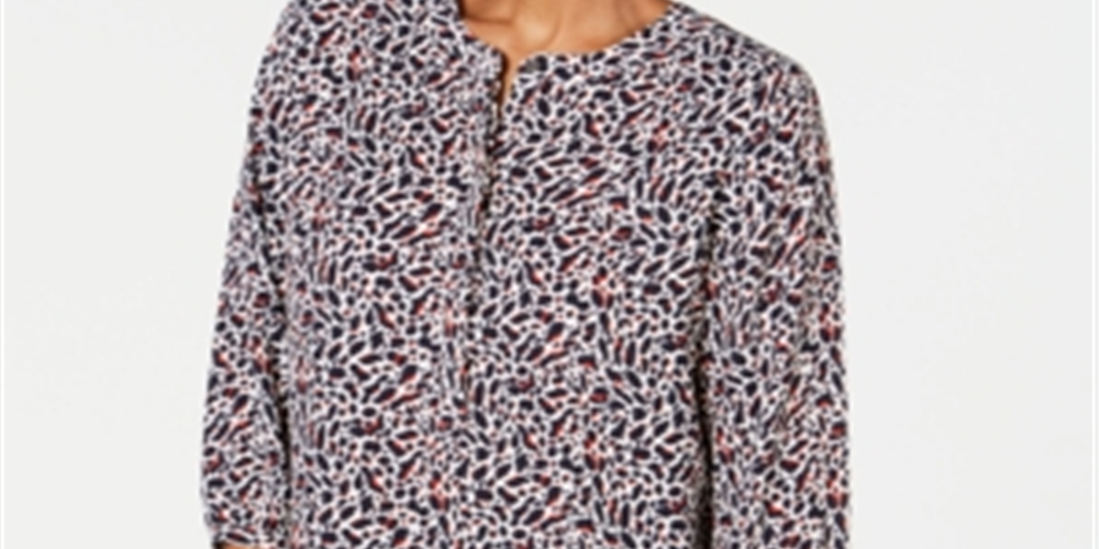 JM Collection Top feminino estampado com pregas nas costas, azul, tamanho pequeno