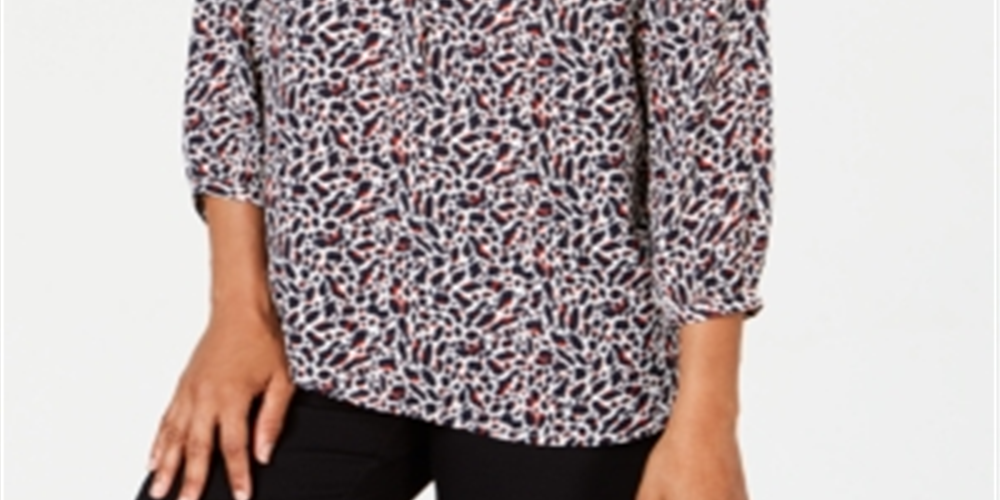 JM Collection Top feminino estampado com pregas nas costas, azul, tamanho pequeno