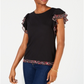 Blusa feminina Maison Jules com mangas bufantes e acabamento estampado, preta, tamanho X-S