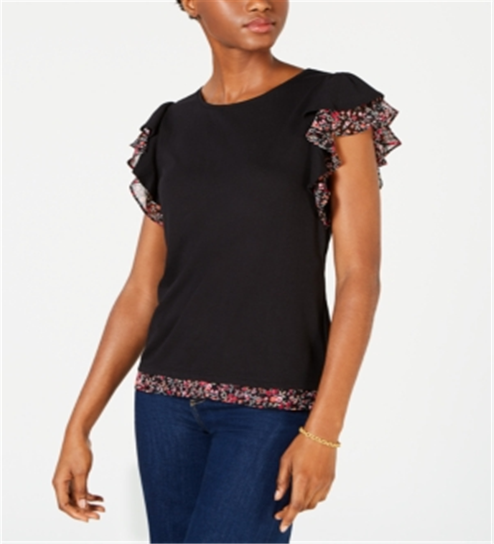 Blusa feminina Maison Jules com mangas bufantes e acabamento estampado, preta, tamanho X-S