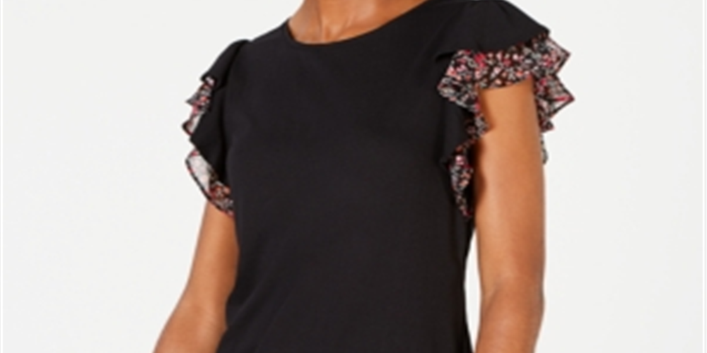 Blusa feminina Maison Jules com mangas bufantes e acabamento estampado, preta, tamanho X-S