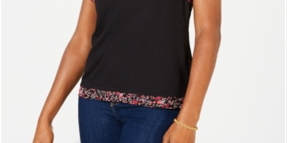 Blusa feminina Maison Jules com mangas bufantes e acabamento estampado, preta, tamanho X-S