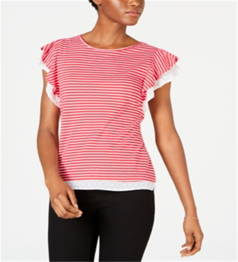 Blusa listrada com mangas esvoaçantes Maison Jules feminina, vermelha, tamanho grande