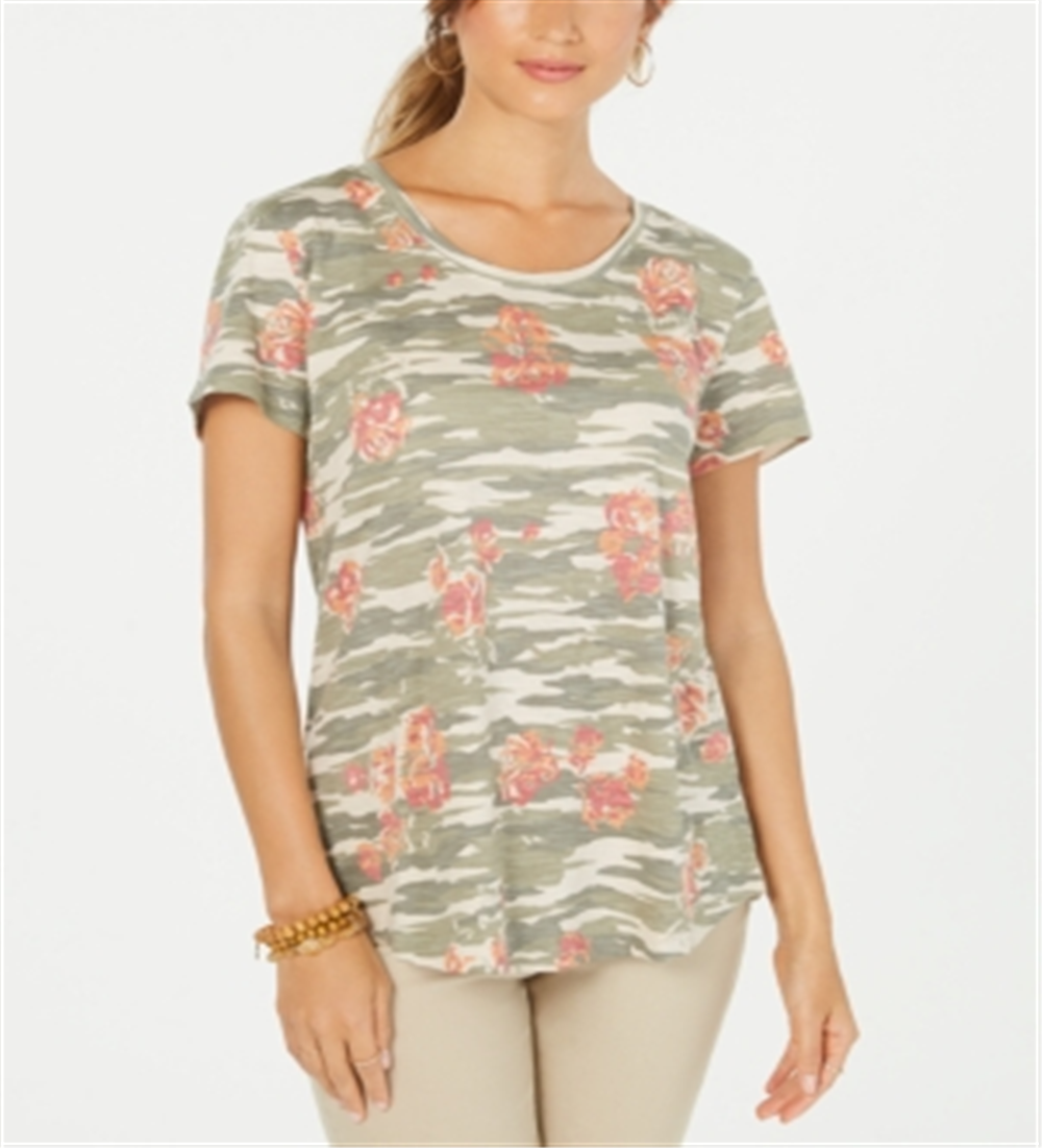 Blusa feminina de algodão estampada com decote redondo, verde, tamanho médio, estilo &amp; co