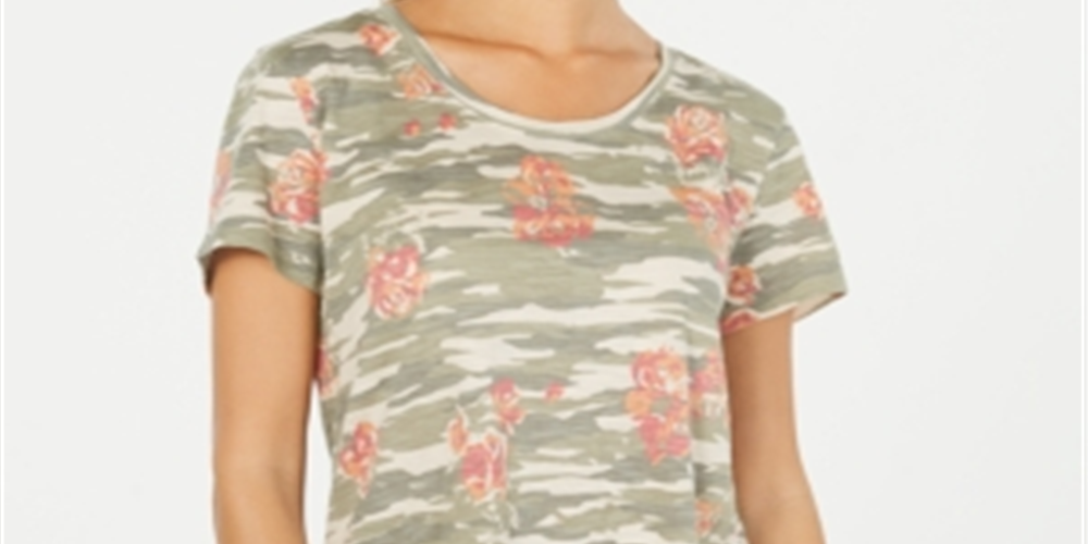 Blusa feminina de algodão estampada com decote redondo, verde, tamanho médio, estilo &amp; co