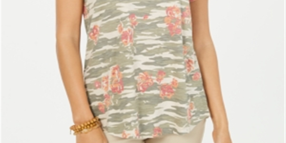 Blusa feminina de algodão estampada com decote redondo, verde, tamanho médio, estilo &amp; co