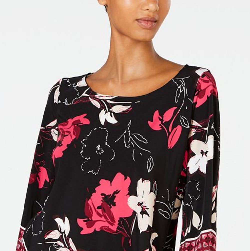 Blusa feminina Alfani com estampa floral e bainha em V, preta, tamanho grande