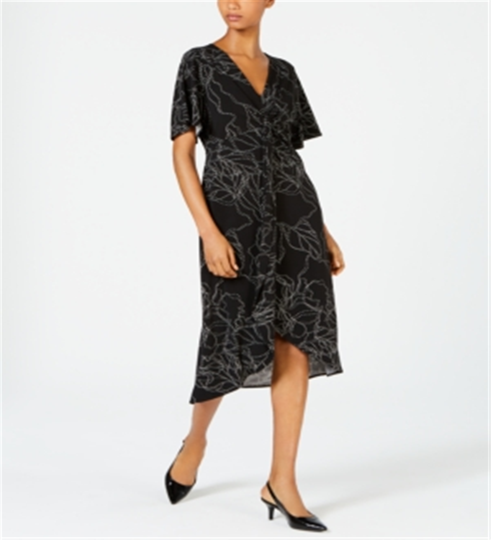 Vestido midi feminino Alfani estampado com frente torcida, preto, tamanho extragrande