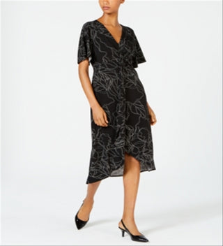 Vestido midi feminino Alfani estampado com frente torcida, preto, tamanho extragrande