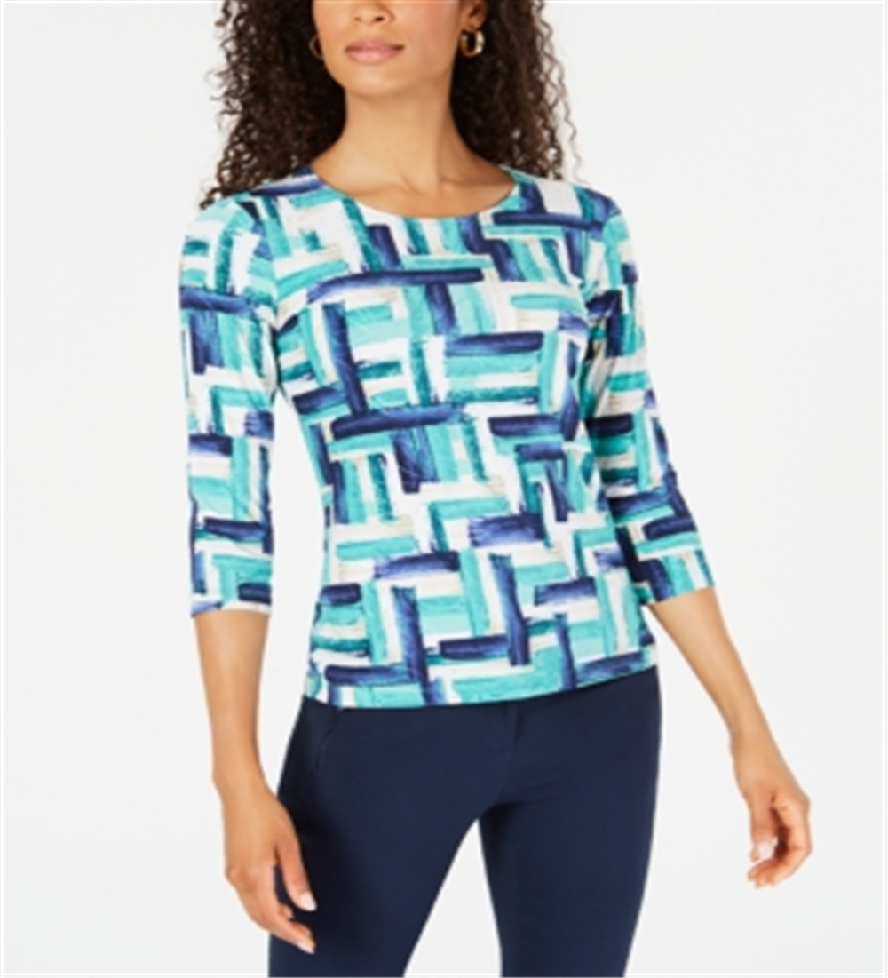 Blusa feminina estampada em jacquard, azul, tamanho pequeno grande, coleção JM