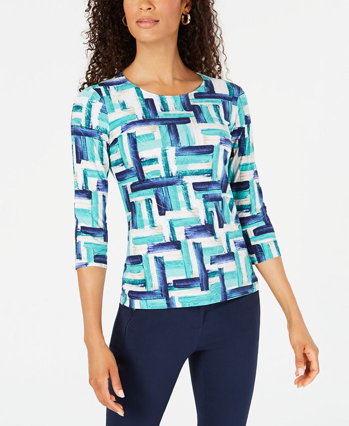 Blusa feminina estampada em jacquard, azul, tamanho pequeno, extragrande, da coleção JM