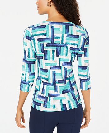 Blusa feminina estampada em jacquard, azul, tamanho pequeno, extragrande, da coleção JM