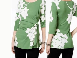 Blusa feminina Alfani com estampa e amarração lateral, verde, tamanho pequeno, G