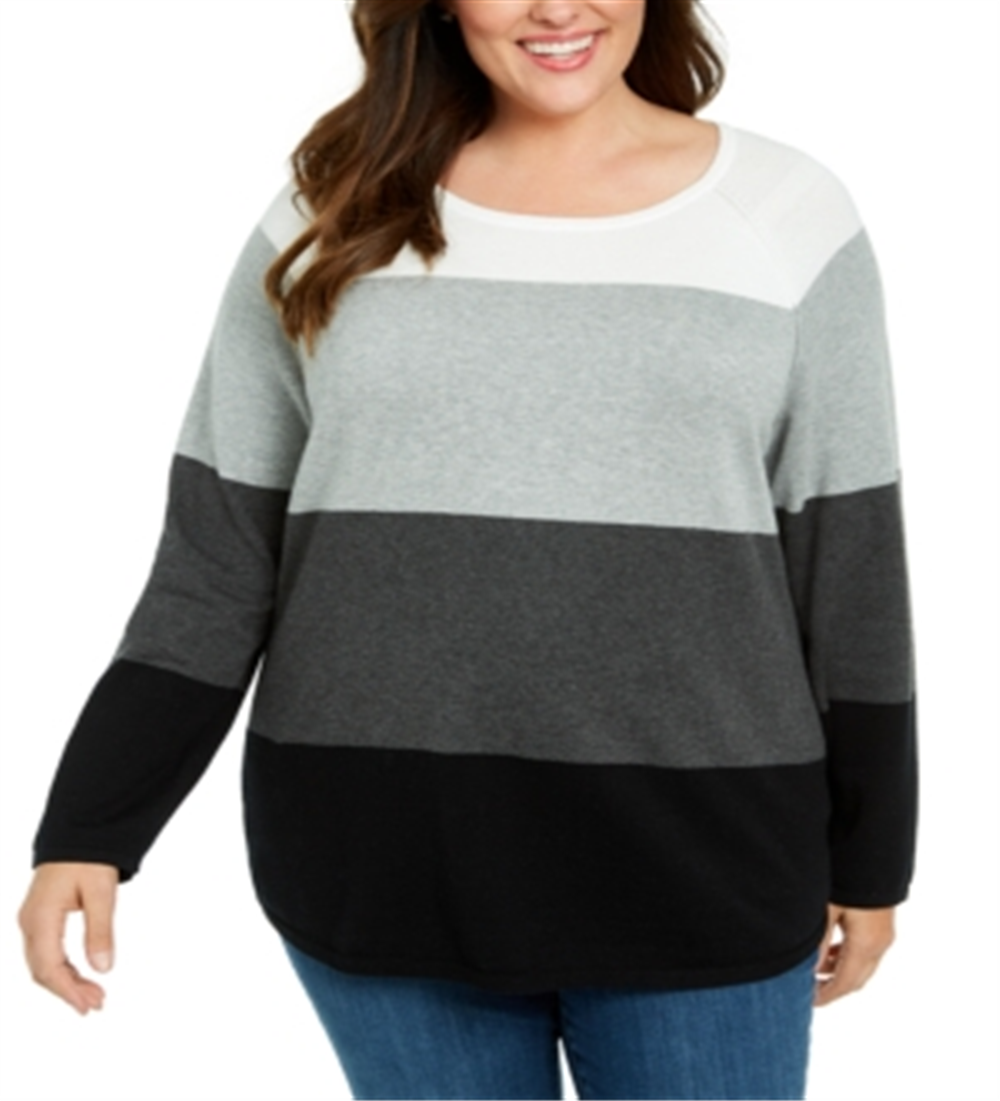 Suéter feminino Karen Scott de algodão com blocos de cores, cinza, tamanho 0X