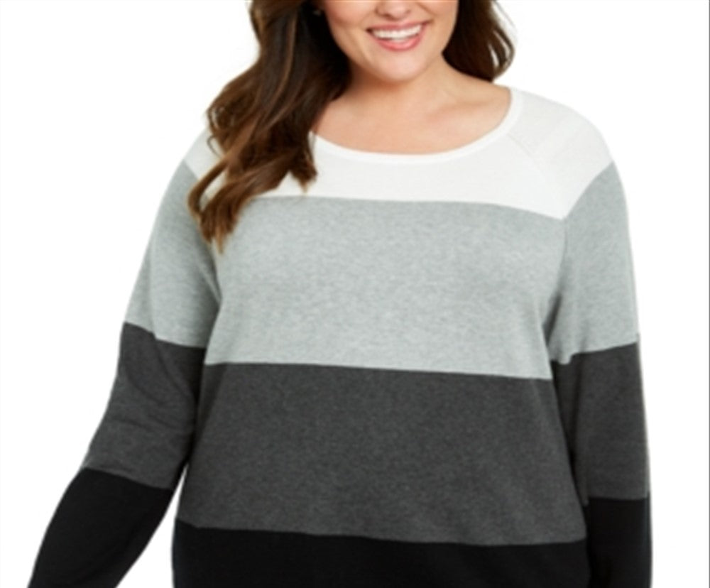 Suéter feminino Karen Scott de algodão com blocos de cores, cinza, tamanho 0X