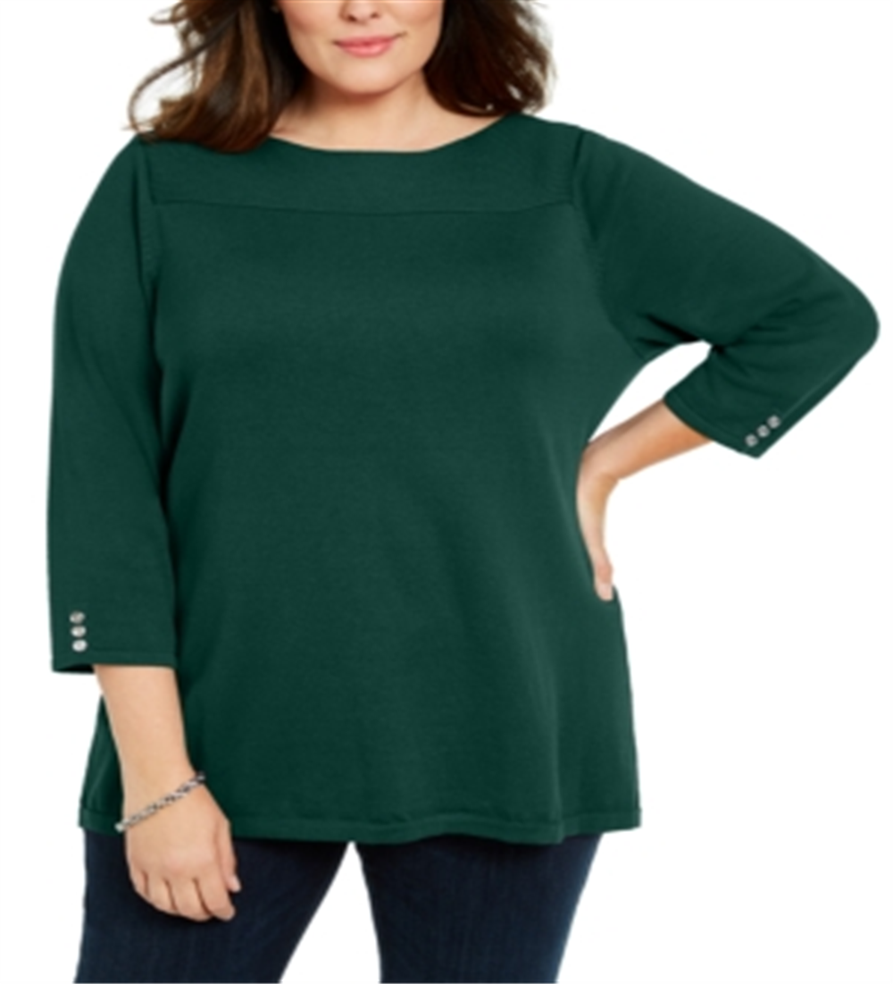 Karen Scott Suéter Feminino Plus com Canelado e Gola Alta de Algodão Verde Tamanho 0X