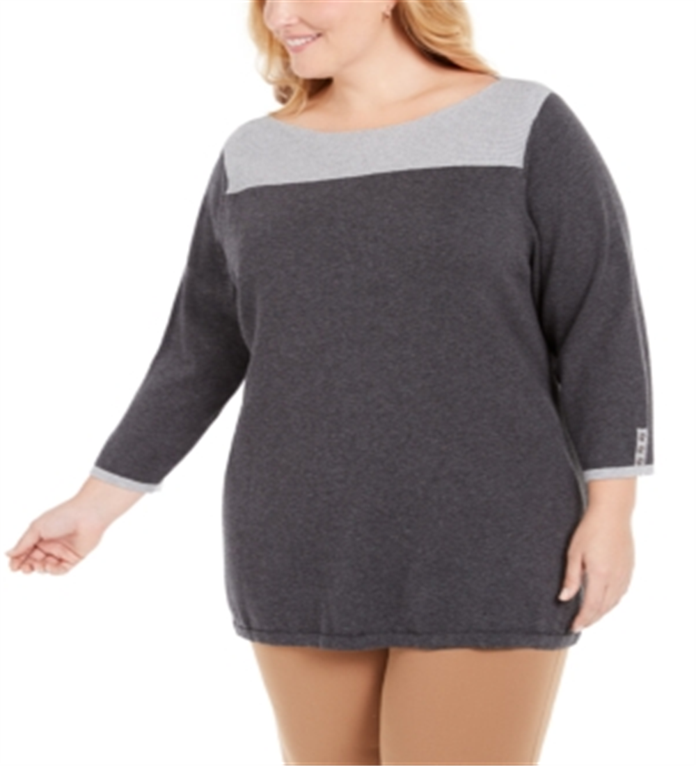 Suéter feminino Karen Scott Colorblocked Cinza Tamanho 1X