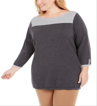 Suéter feminino Karen Scott Colorblocked Cinza Tamanho 1X