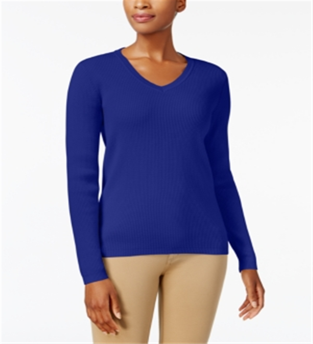 Karen Scott Suéter Feminino de Algodão com Gola V Azul Tamanho Grande