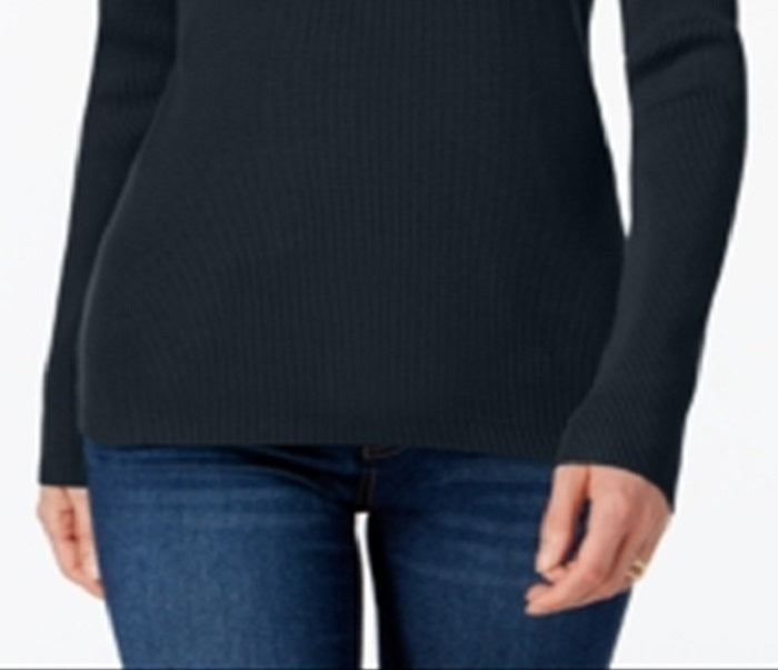 Karen Scott Blusa Feminina de Algodão com Gola Alta e Canelada Azul Tamanho Médio