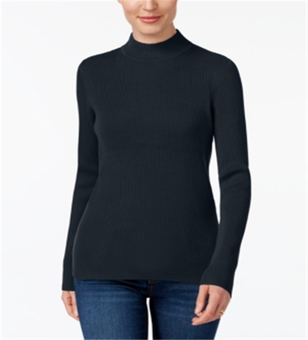 Karen Scott Blusa Feminina de Algodão com Gola Alta e Canelada Azul Tamanho Médio