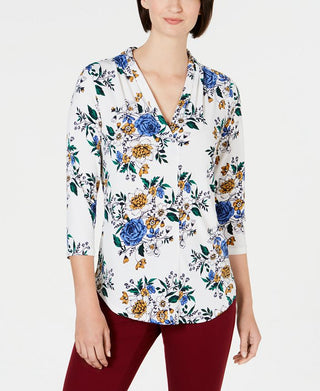 Charter Club Women's Floral Print V Neck Top White Size Small