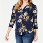 Blusa feminina com estampa floral e decote em V, azul, tamanho grande