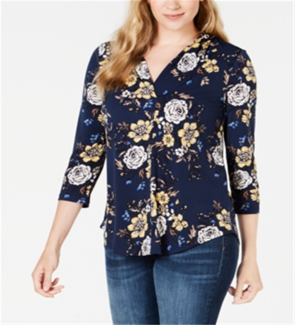 Blusa feminina com estampa floral e decote em V, azul, tamanho grande