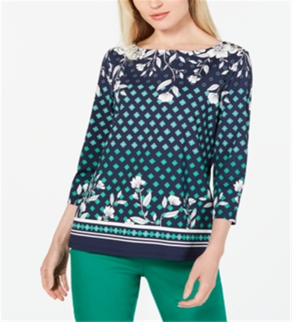 Charter Club Blusa feminina estampada com decote canoa, azul, tamanho X-S