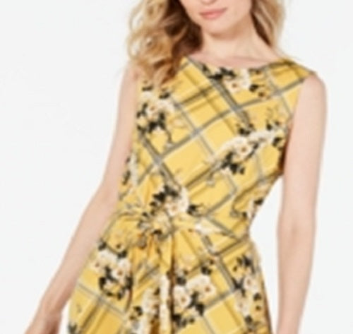 Vestido feminino Charter Club com cinto e estampa mista, amarelo, tamanho pequeno