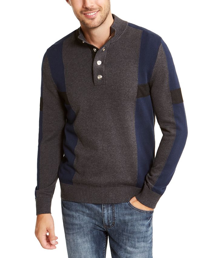 Suéter masculino INC International Concepts com botões de pressão e blocos de cores Henley, cinza, tamanho grande
