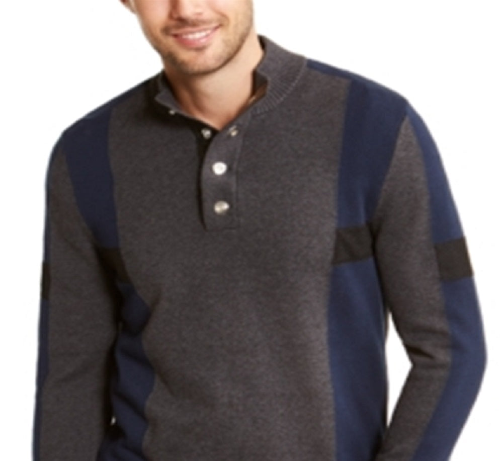 Suéter masculino INC International Concepts com botões de pressão e blocos de cores Henley, cinza, tamanho grande