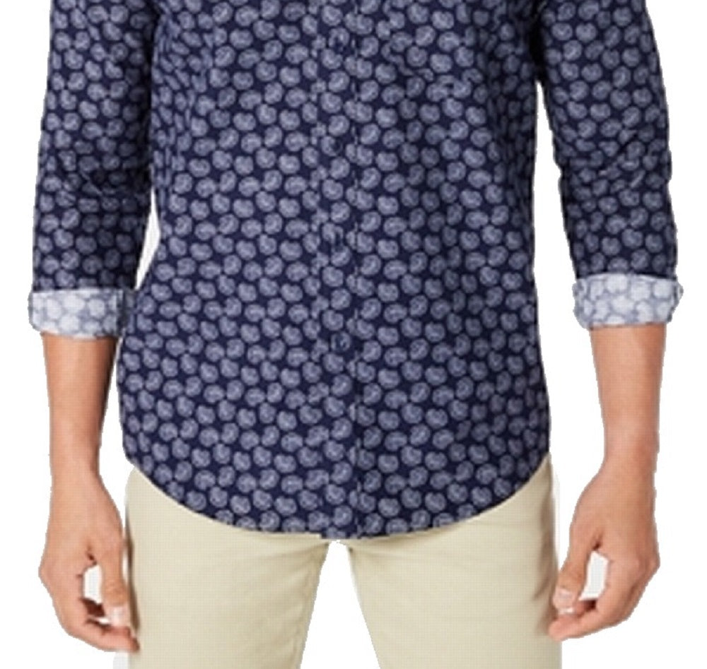 Camisa masculina de veludo cotelê estampado com botões Club Room, azul, tamanho pequeno
