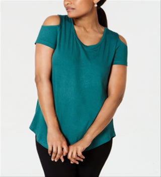 Camiseta feminina JM Collection com ombros descobertos e manga curta, verde, tamanho pequeno
